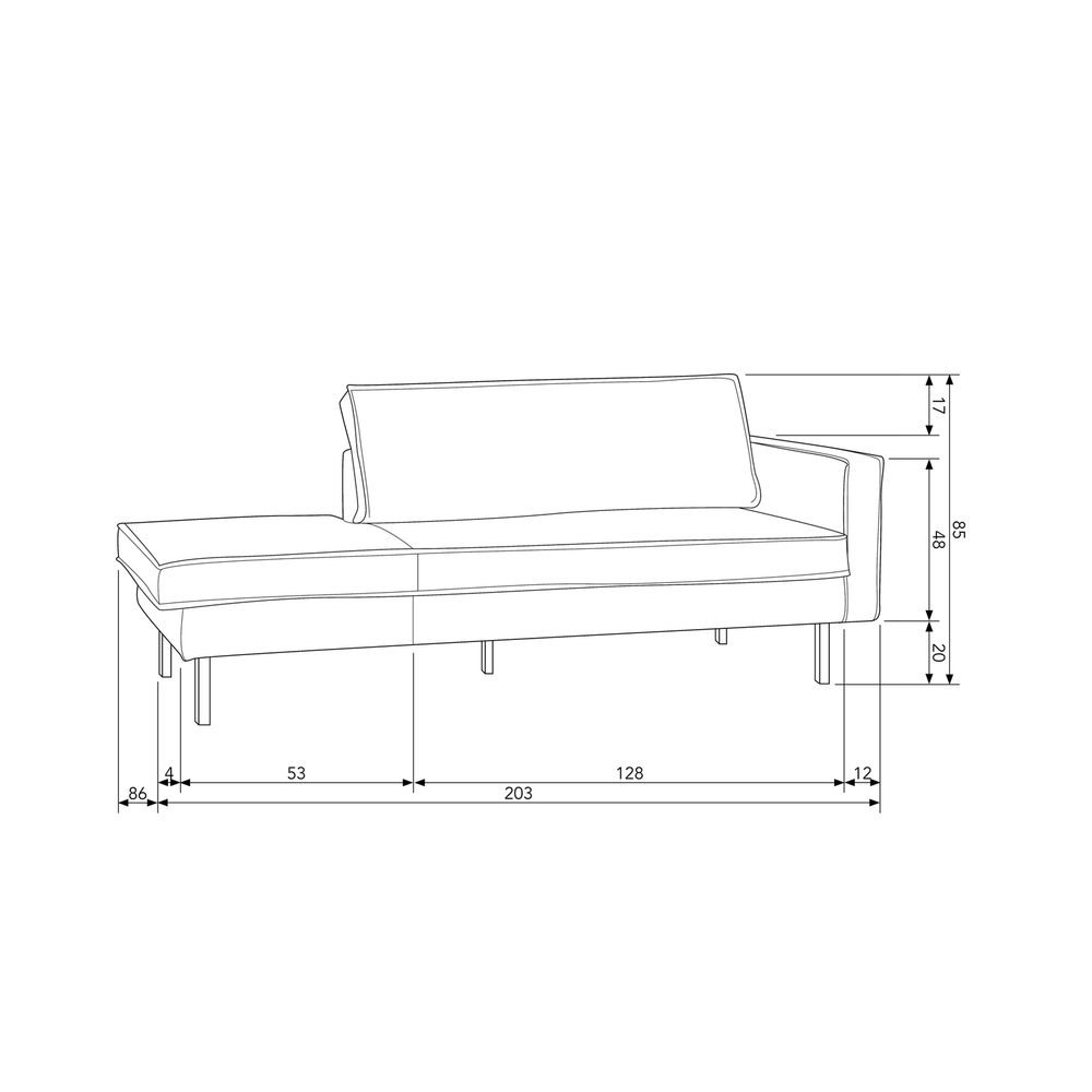 Rodeo daybed droite velvet anthracite, plan avec dimensions