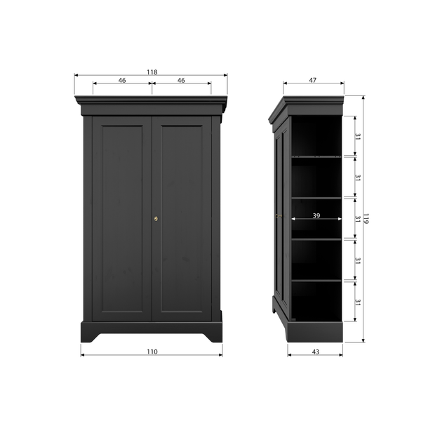 Isabel armoire massif mat noir, plan avec dimensions
