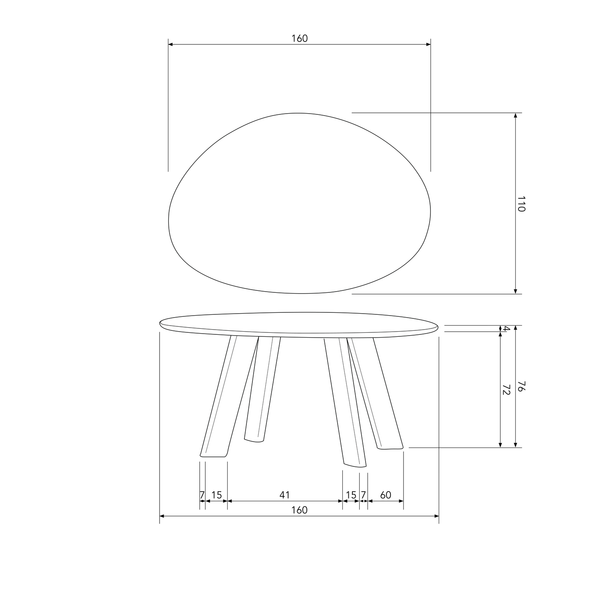 Roundly table à manger/bureau mangue noyer 160x110, plan avec dimensions