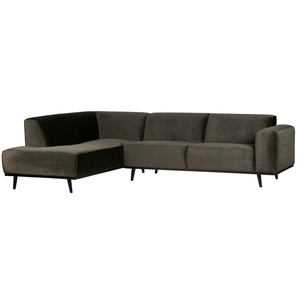 Statement corner sofa left velvet warm green, angled front view