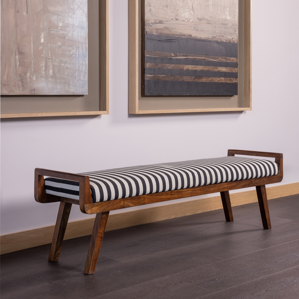 Valo bench wood brown with stripe fabric black/white, room setting