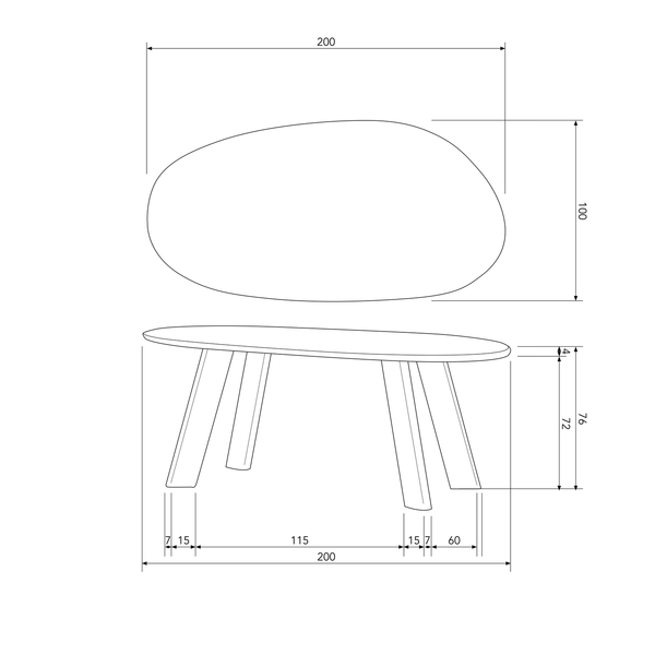 Roundly table à manger/bureau mangue noyer 200x100, plan avec dimensions