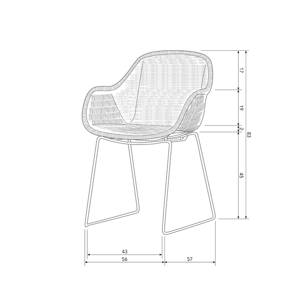 Willow chaise de jardin naturelle, plan avec dimensions