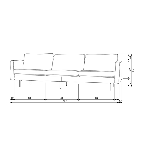 Rodeo canape 3-places velvet sarcelle, plan avec dimensions