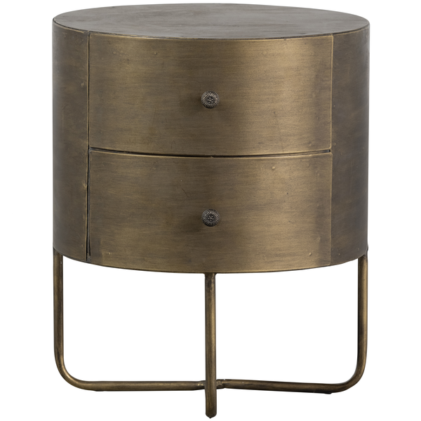 Glossy round small cabinet metal antique brass, front view
