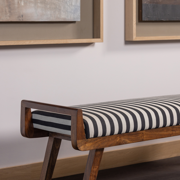 Valo bench wood brown with stripe fabric black/white, room setting