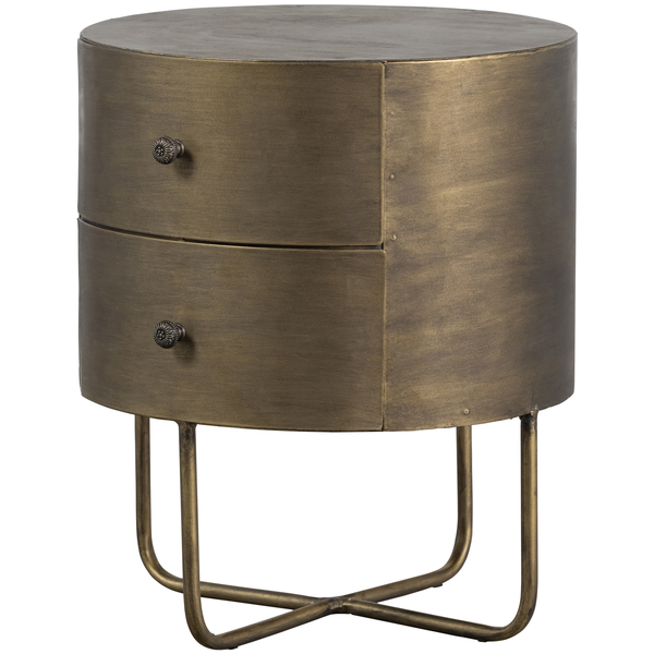 Glossy round small cabinet metal antique brass, angled front view