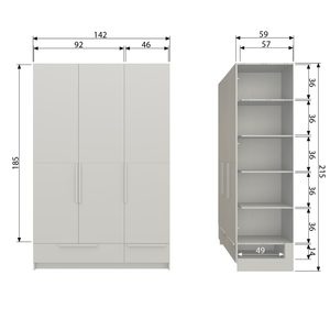 Pure 3-doors wardrobe splitdoor pine dust, dimension drawing