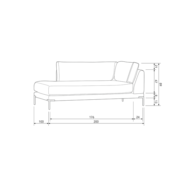 Couple lounge element left light grey, dimension drawing