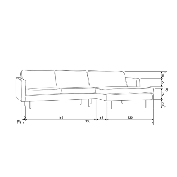Rodeo chaise longue a droite velvet sarcelle, plan avec dimensions