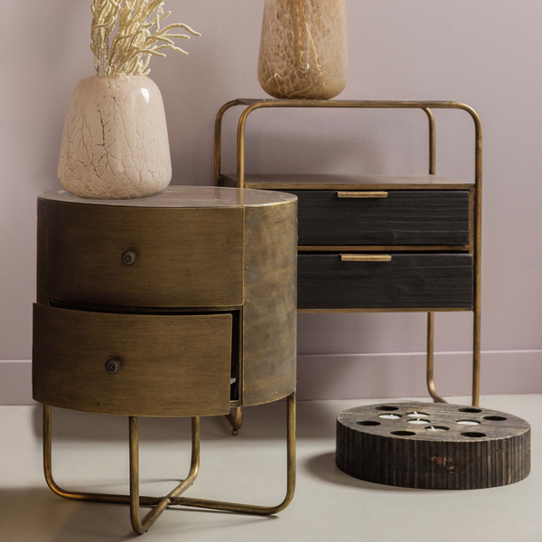 Glossy round small cabinet metal antique brass, room setting
