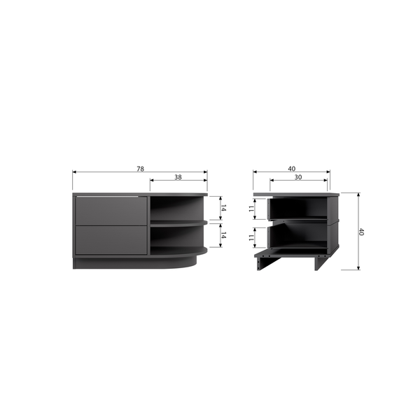 Finca meuble tv rond droite 78 cm bois profond noir, plan avec dimensions