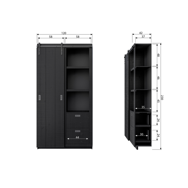 Slide barn armoire brut de sciage pin noir, plan avec dimensions