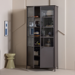 Exhibit XL 2-door display cabinet, dark brown metal, room setting