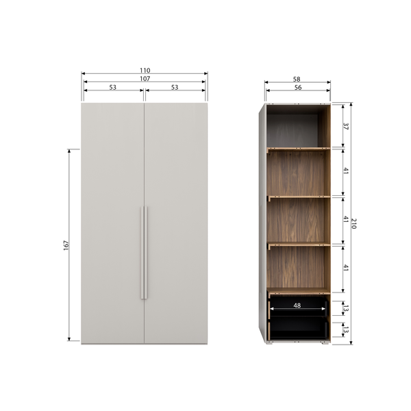 Rens 2-deurs hang/legkast greep lang noten/pebble grey, maattekening