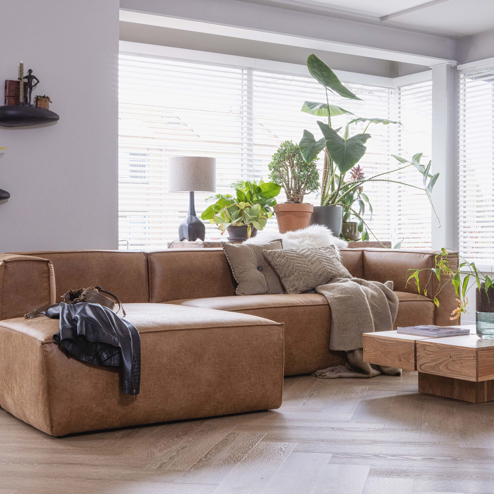 Bean corner sofa left ecoleather cognac, room setting