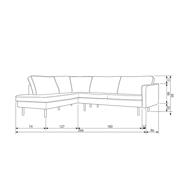 Rodeo corner sofa left velvet dark green, dimension drawing