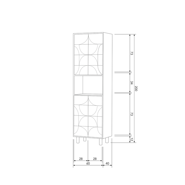 Draw armoire de rangement à 4 portes avec compartiment ouver, plan avec dimensions