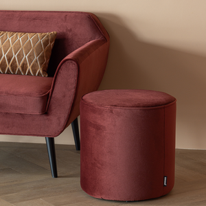 Sara pouf 46xØ46 cm haute velours rouge bordeaux, photo d'ambiance
