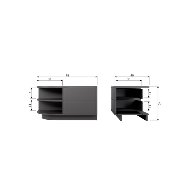 Finca meuble tv rond gauche 78 cm bois profond noir, plan avec dimensions