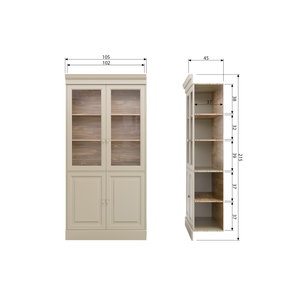 Chow 4-porte vitrine en pin finition dakargrau, plan avec dimensions