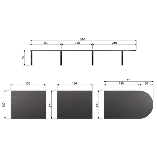 Tablo Lungo plateau table entre cendre nor-nuit mat, plan avec dimensions