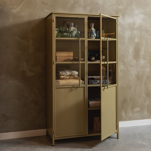 Exhibit display case metal khaki, room setting