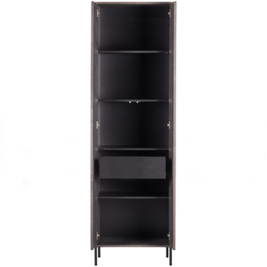 New Gravure hoge kast met lade essen fineer espresso, vooraanzicht