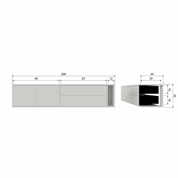 Settle Down tv meubel 200 cm grenen dust, maattekening
