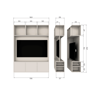 Meggy tv armoire de rangement 160 cm pin dust, plan avec dimensions