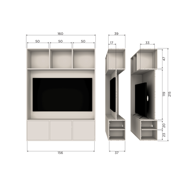 Meggy tv armoire de rangement 160 cm pin dust, plan avec dimensions