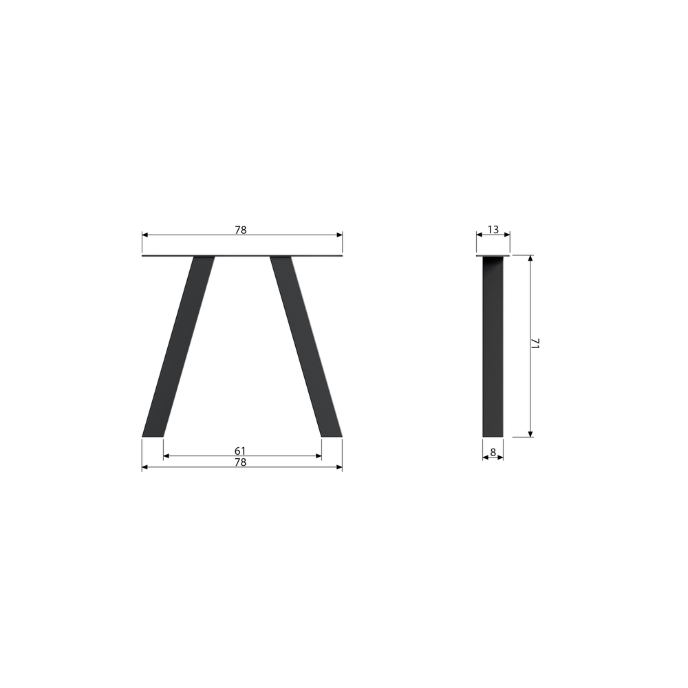 Tablo outdoor A shaped metal table legs set of 2, dimension drawing