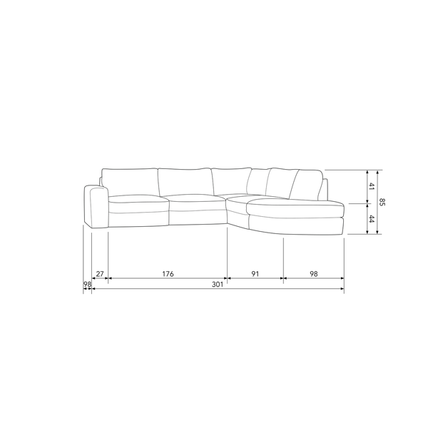 Family banc d angle arrondi à droite gris clair, plan avec dimensions