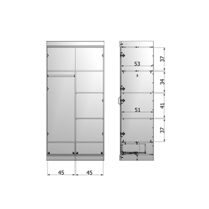 Connect interior black for 2-doors + drawer cabinet, dimension drawing