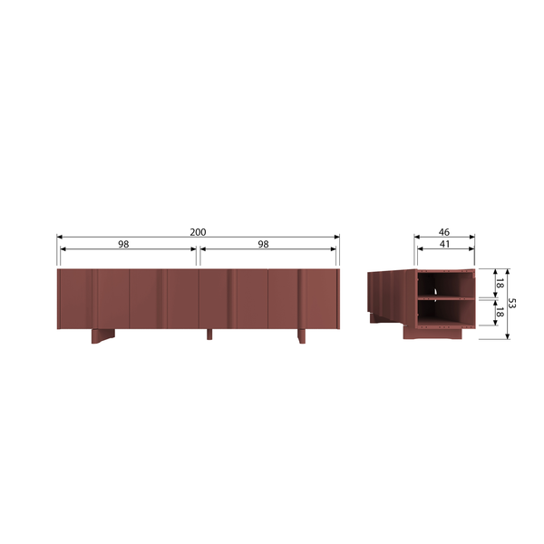 Basu TV cabinet 200 cm pine burgundy red, dimension drawing