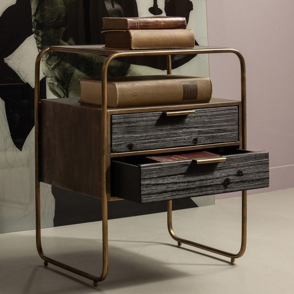 Polite nightstand metal/wood antique brass, room setting