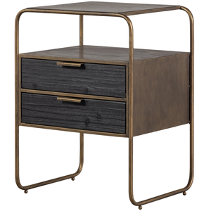 Polite nightstand metal/wood antique brass, angled front view