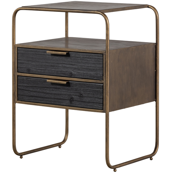 Polite nightstand metal/wood antique brass, angled front view