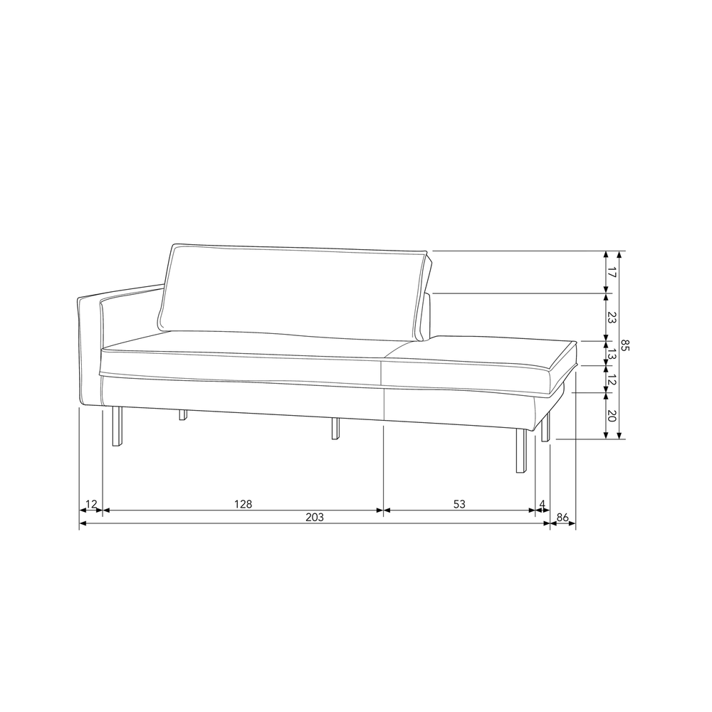 Rodeo daybed gauche velvet anthracite, plan avec dimensions