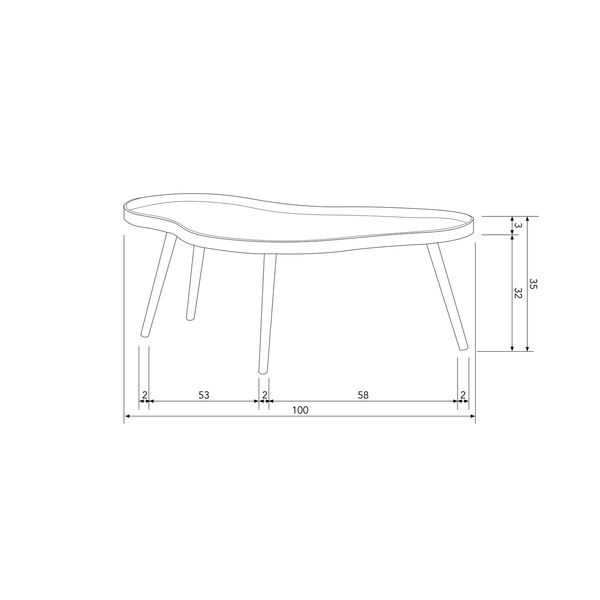 Mae bijzettafel organisch langwerpig hout alpaca, maattekening