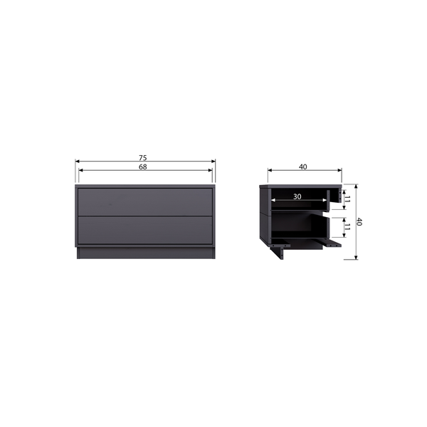 Finca meuble tv 75 cm bois profond noir, plan avec dimensions