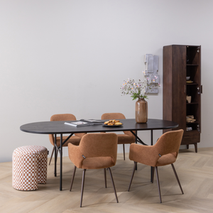 Arthur oval dining table with H-leg oak black, room setting