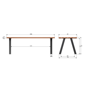 Tablo table de jardin en ayous naturel avec pieds en A en métal, plan avec dimensions