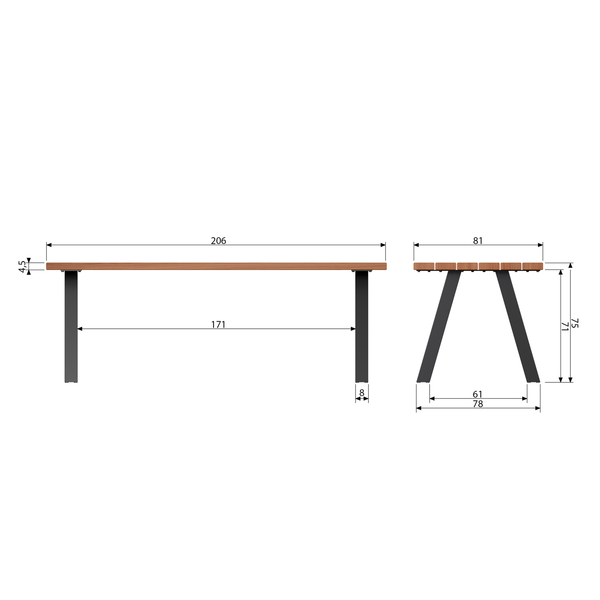 Tablo table de jardin en ayous naturel avec pieds en A en métal, plan avec dimensions