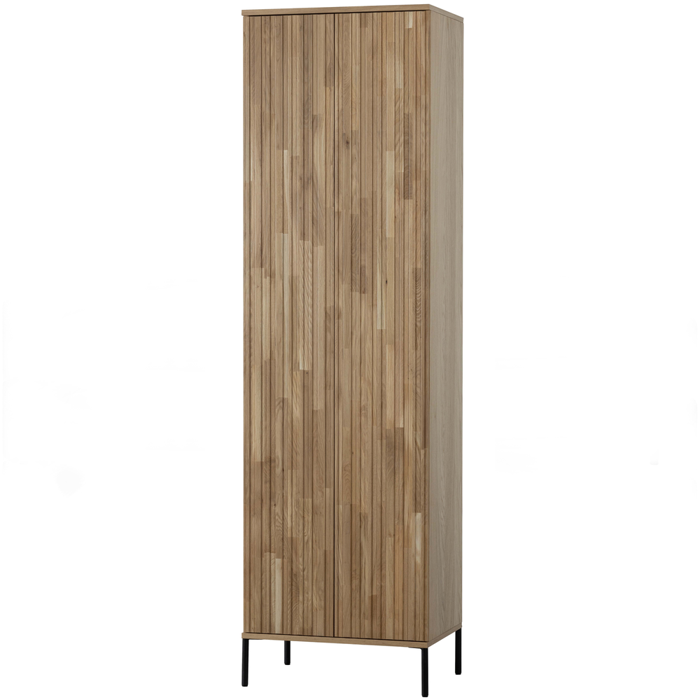 New Gravure hoge kast met lade eiken blanke lak, schuin vooraanzicht