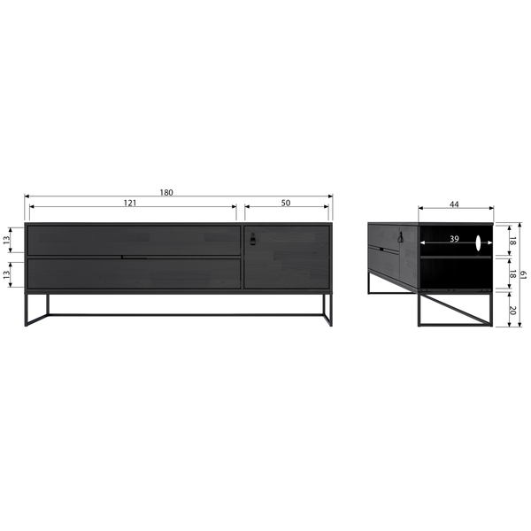 Silas tv meubel 180 cm essen blacknight, maattekening