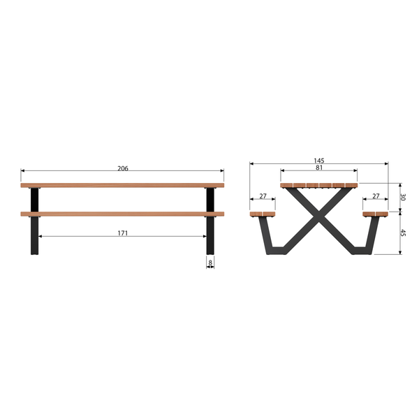 Tablo tuin picknicktafel ayous zwart X poot metaal, maattekening