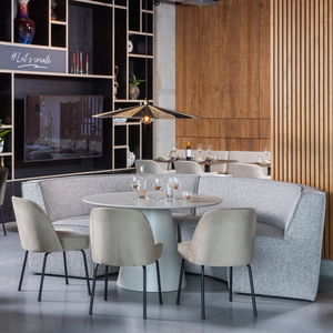 Jorre eettafel ø120 cm mdf antiek beige, sfeerfoto