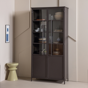 Exhibit XL 2-door display cabinet, dark brown metal, room setting
