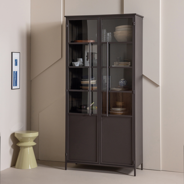 Exhibit XL 2-door display cabinet, dark brown metal, room setting